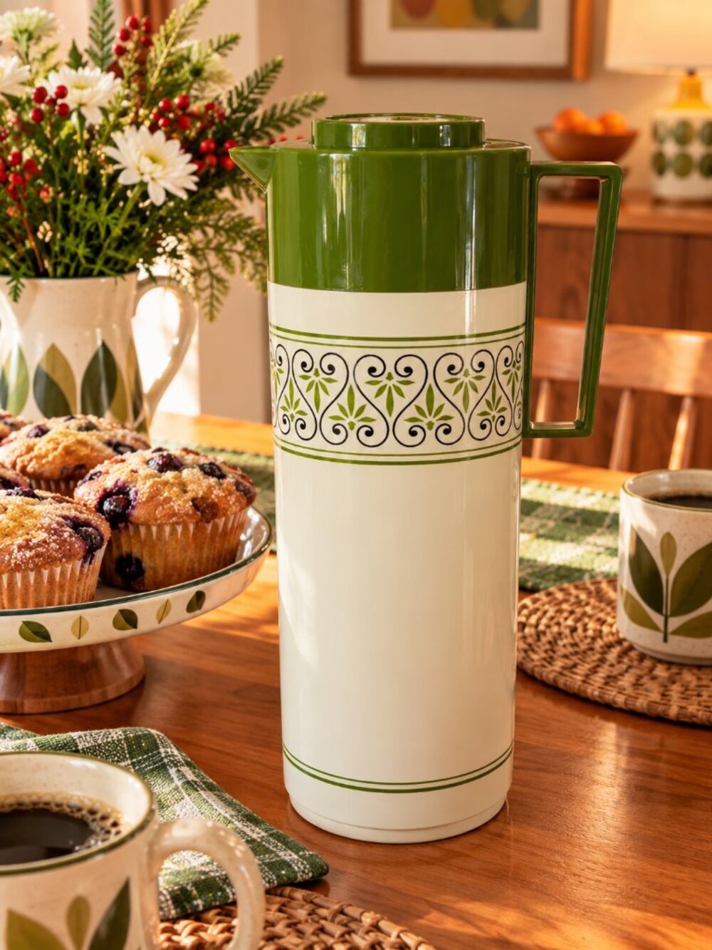 Vintage Aladdin Beverage Butler Vacuum Insulated Pitcher Carafe Green & Cream MC